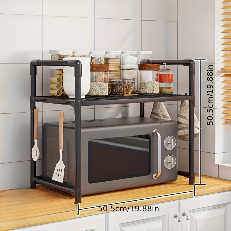 Ideal for countertop use, this adjustable kitchen storage rack is made of multi-tier carbon steel and features an open shelving organizer for your oven, rice cooker, and other kitchen appliances. The stand is designed with a mix of metal and plastic