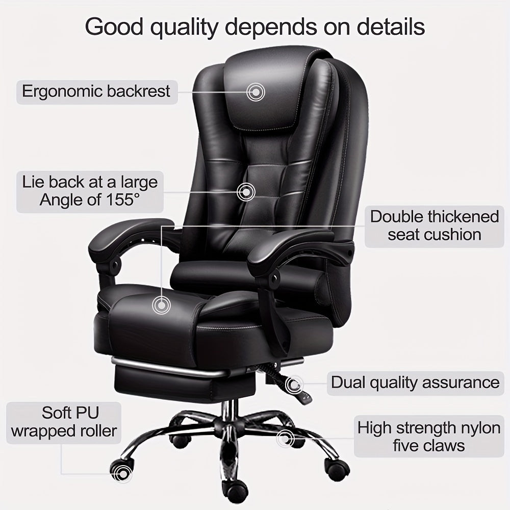 Adjustable executive office chair with ergonomic design for extended sitting comfort. Features include cushioned armrests, metal frame, wooden base, 155° recline, and high strength nylon