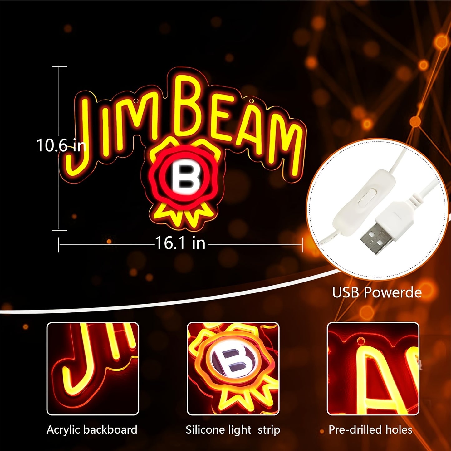 Jim Beam Whiskey LED Neon Sign, perfect for men's private spaces, bedrooms, bars, and parties. Wall decoration, USB-powered. Ideal for gifts.