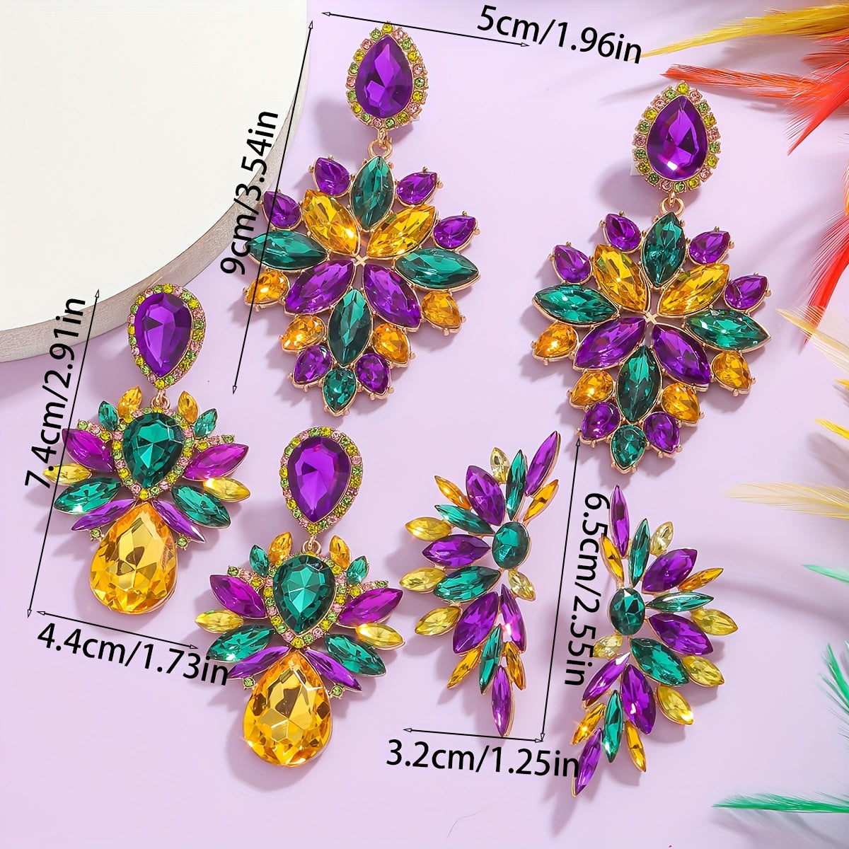 Luxurious Mardi Gras Sparkling Irregular Geometric Rhinestone Earrings in Pair, Bohemian Dangle Earrings in Purple, Green, and Yellow, Made with Zinc Alloy and Stainless Steel Posts, Ideal Holiday Gift for Women.