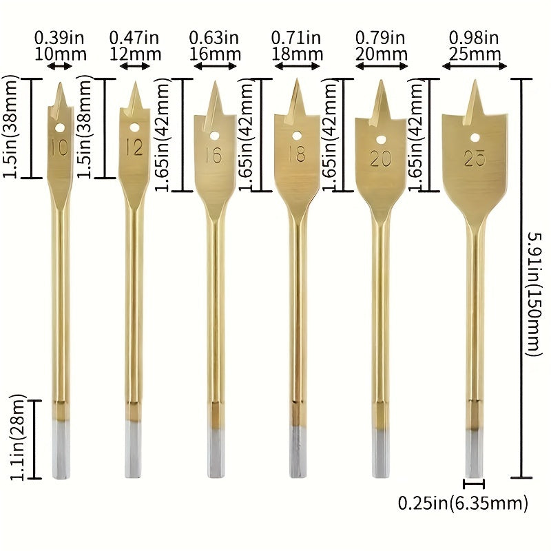 6pcs Titanium-Plated Flat Drill Bit Set for Woodworking