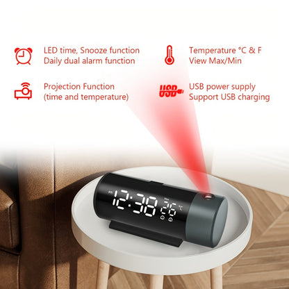 Digital smart projection clock with USB connection, dual alarms, sleepy function, time and temperature projection, and 4 brightness levels.