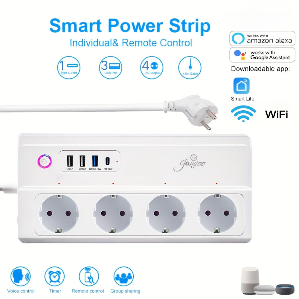 WiFi power strip with fast charging, voice control compatible with Alexa and Google Home, remote app control.