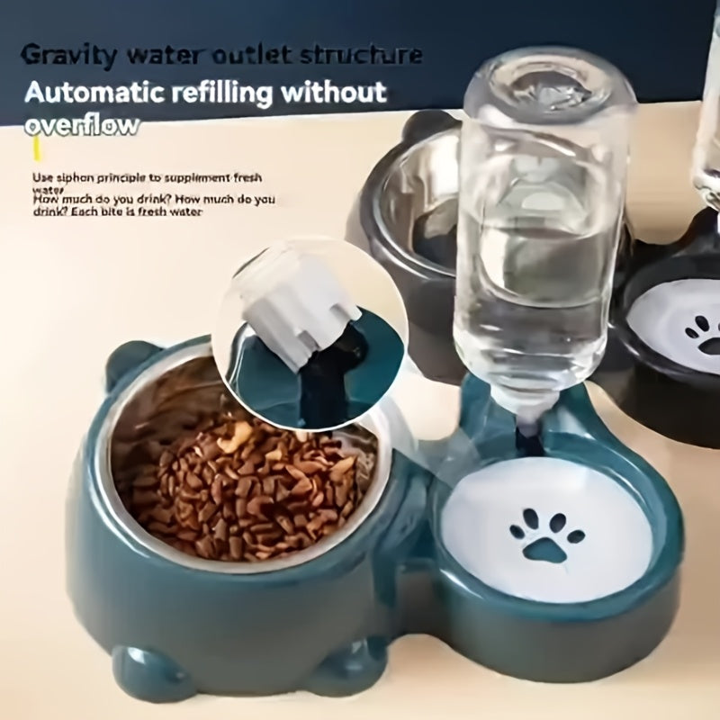 Automatic pet feeder and water dispenser for cats and small dogs, made of stainless steel and plastic, with anti-slip design, no battery or power required.