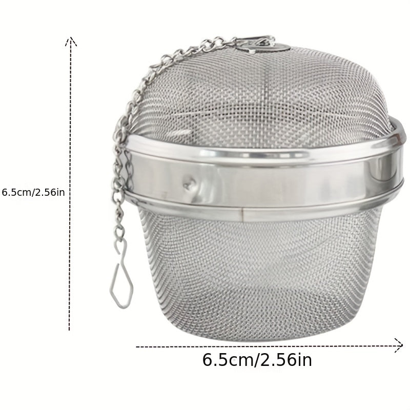 A tea infuser made of durable stainless steel featuring a 304 mesh strainer, perfect for brewing loose leaf tea, spices, and seasonings. This kitchen gadget comes with a convenient chain hook for easy removal from your cup or pot.