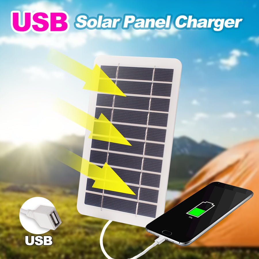 Lightweight USB solar charger for outdoor activities like camping, hiking, fishing, and travel. Operates at ≤36V with female to male polarity and 0-5W output power, no battery required.