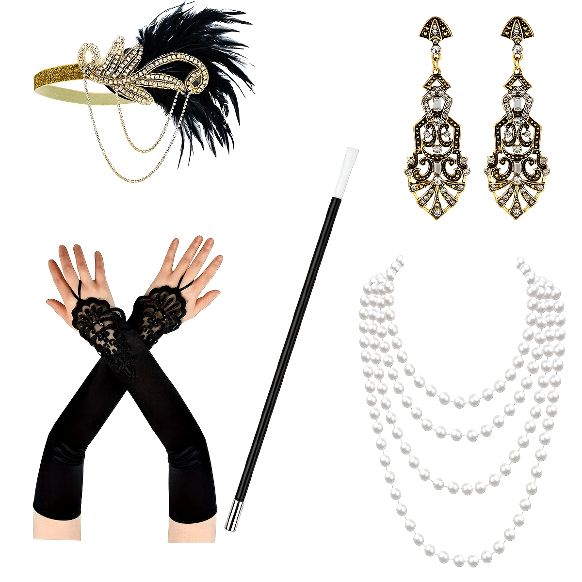 The Gatsby themed set includes a feather headband, gloves, cigarette holder, earrings, pearl necklace, single party makeup, dance Halloween carnival party lady skirt accessories, headwear, hand decoration, long pearl necklace, simulation pipe, and a