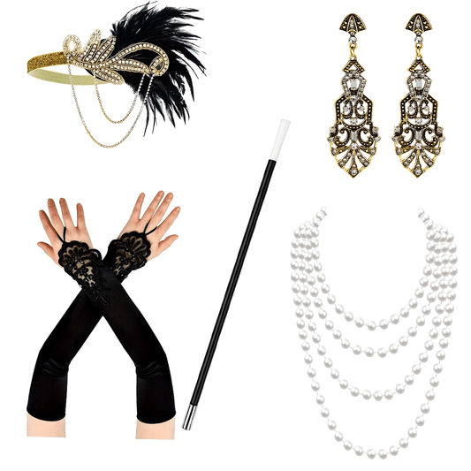 The Gatsby themed set includes a feather headband, gloves, cigarette holder, earrings, pearl necklace, single party makeup, dance Halloween carnival party lady skirt accessories, headwear, hand decoration, long pearl necklace, simulation pipe, and a