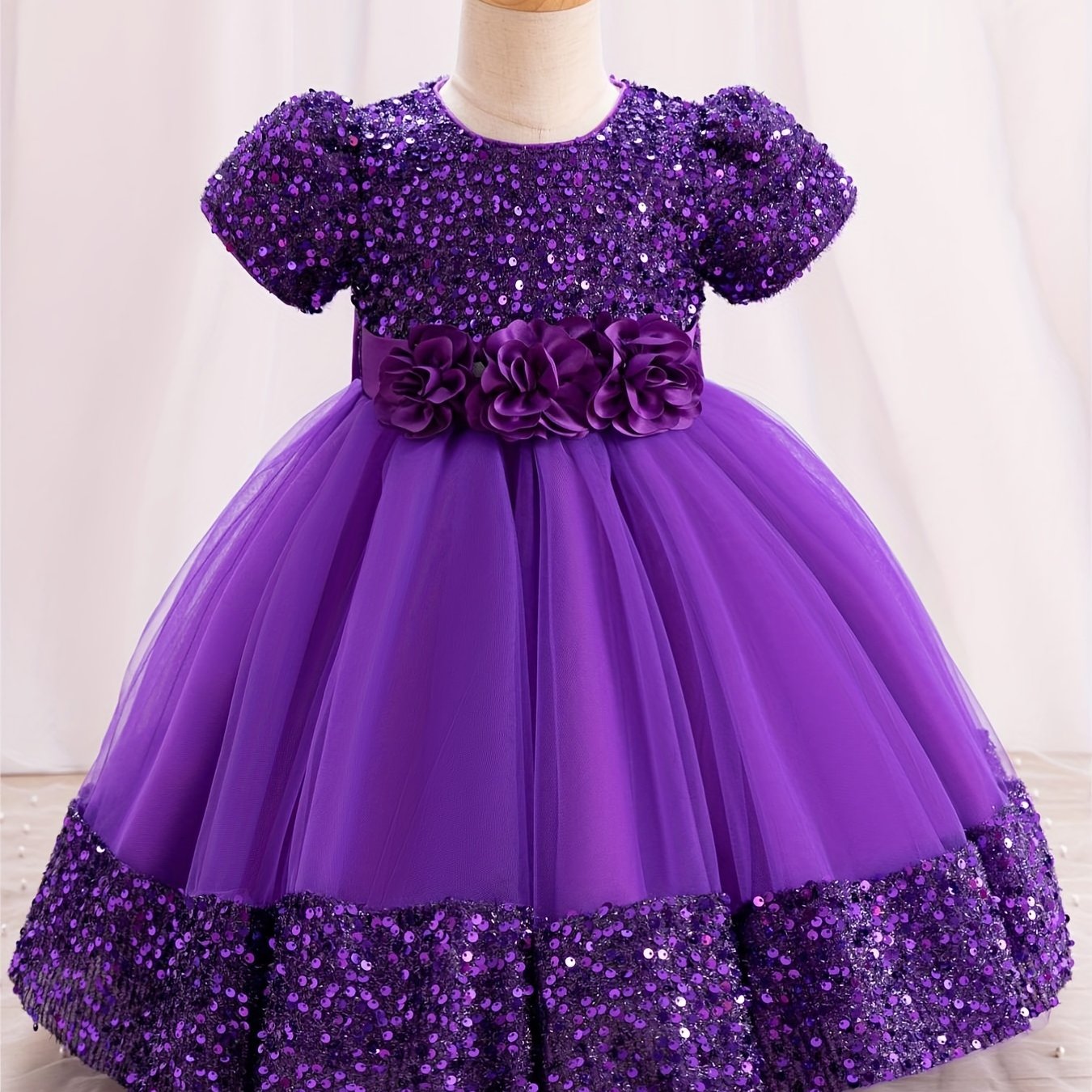 Sparkling gown dress with 3D flower decor and sequins, perfect for weddings, birthdays, and parties.