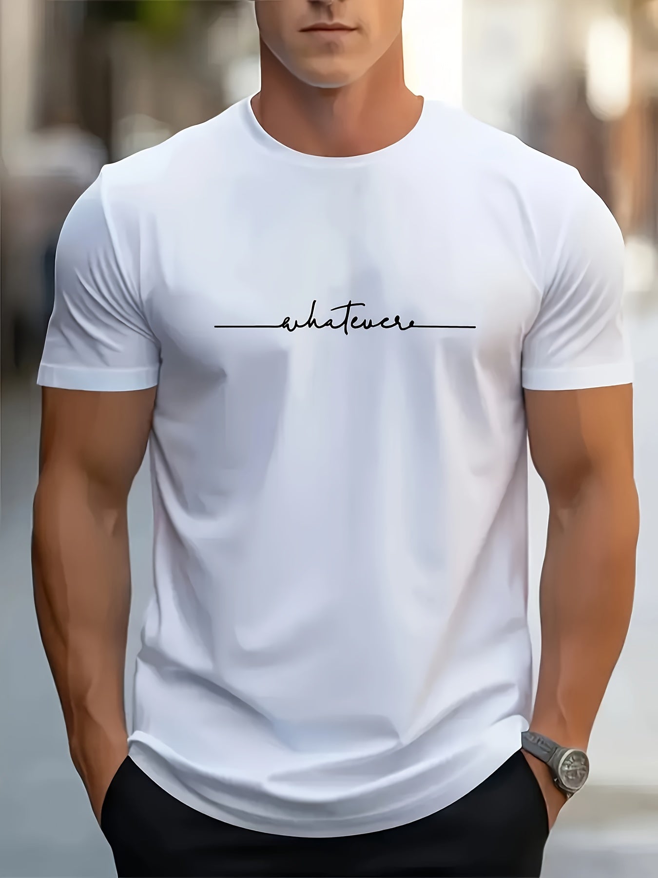 Men's casual fashion T-shirt with polyester blend, round neck, stretch knit, random print, summer top, regular fit, for home and sleepwear.