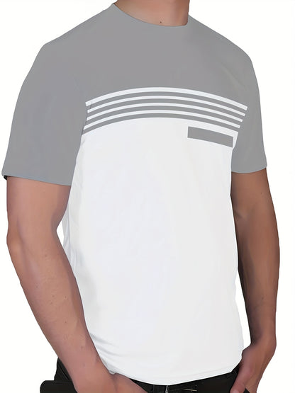 Men's fashion short sleeve t-shirt with striped geometric pattern, crew neck, regular fit, made of 100% polyester knit fabric with slight stretch.