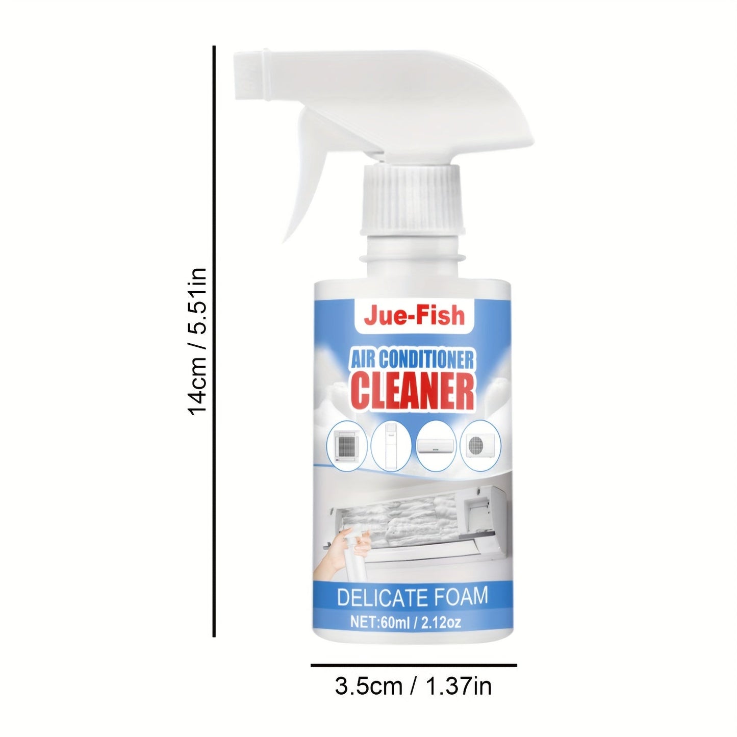 Household air conditioning and cabinet cleaner featuring a no-residue liquid formula infused with Limonene for effective decontamination and deodorization. Ideal for cleaning and creating bubble-based freshness.