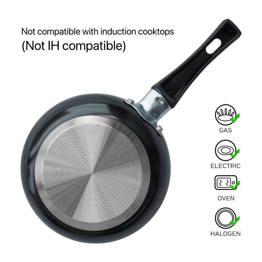 Small nonstick omelet and pancake pan, measuring 13.97 cm - Made from dishwasher safe aluminum with a silicone handle and 5-layer nonstick coating - Resistant to warping and scratching, ensuring a smooth surface for non-induction cooktops.