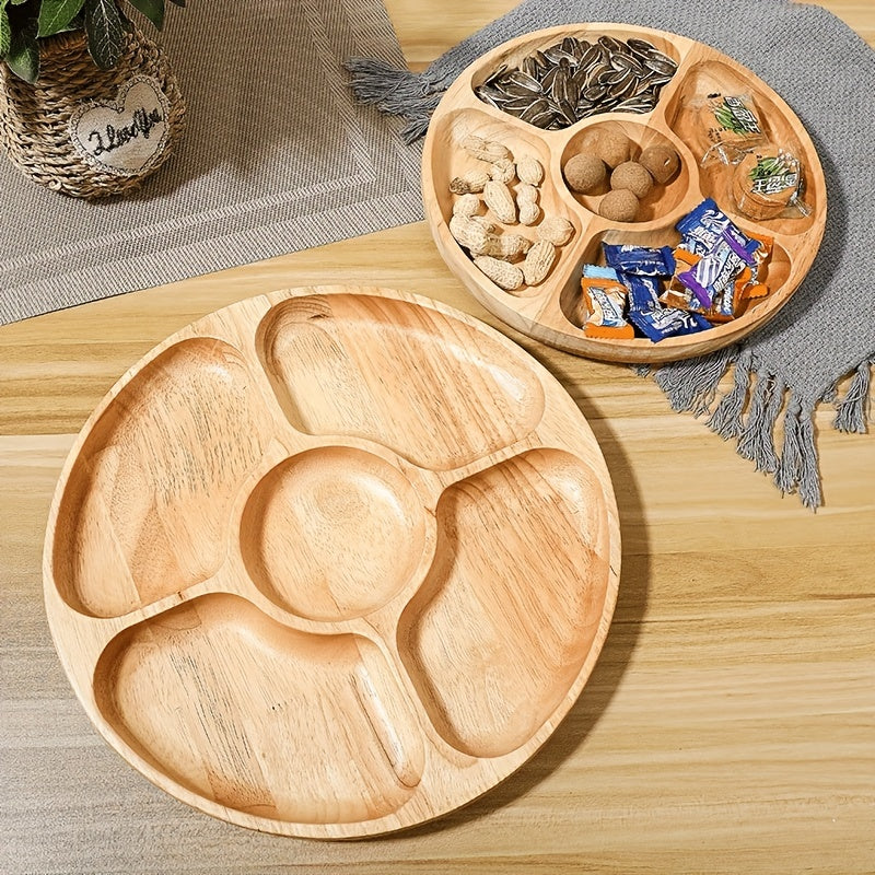 Single wooden cheese board with five grids dividers for serving various foods and snacks, perfect for household and kitchen decoration or for candy wedding storage.