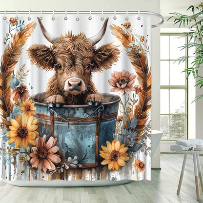 Rustic Highland Cow shower curtain with sunflowers, daisy, and eucalyptus design. Stylish bath screen for tub with hooks included. Waterproof fabric, 179.83x179.83 cm. Perfect for home bathroom decor.