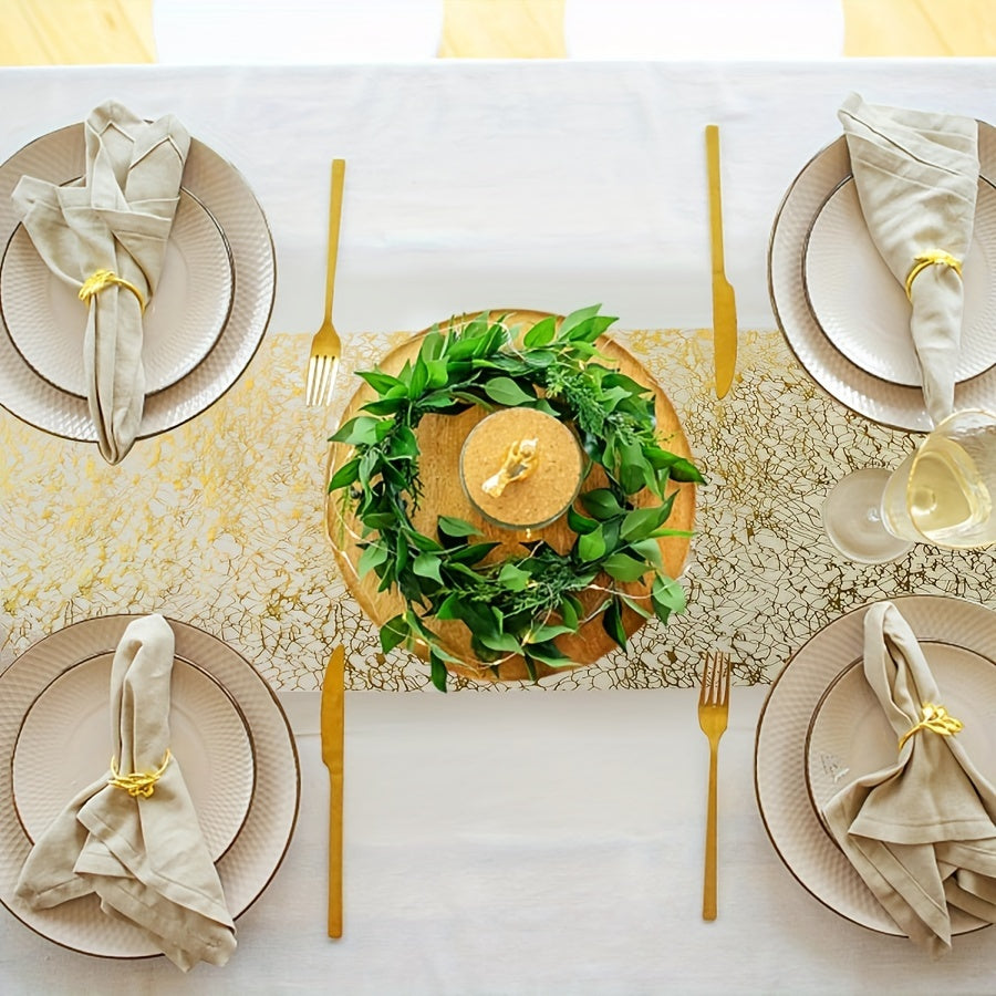 Golden Foil Table Runner with Elegant Polyester Mesh Design, Perfect for Parties, Weddings, and Holidays