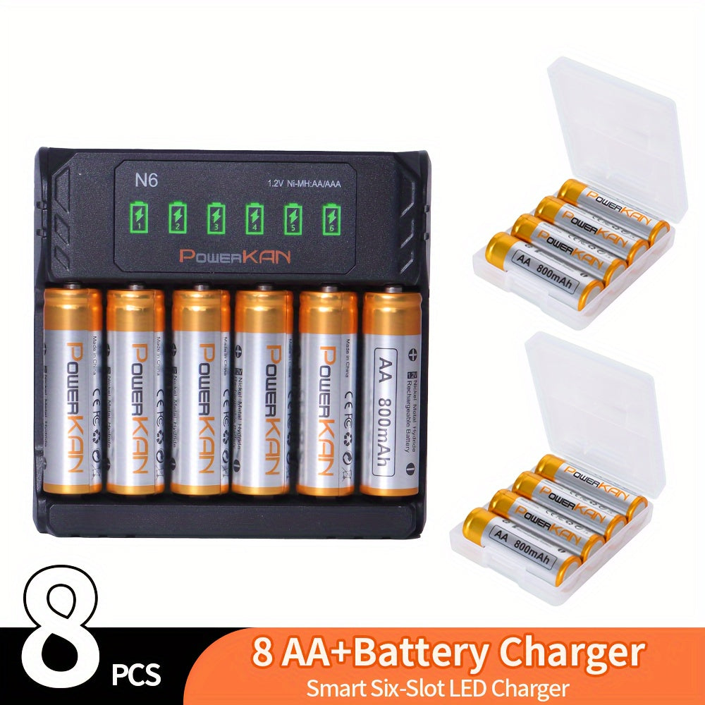 PowerKAN 1.2V NiMH Rechargeable Battery Set includes AA & AAA sizes. It comes with eight 800mAh and eight 300mAh batteries, N6 Charger, USB LED Indicator, fast charging, dischargeable