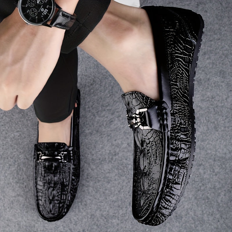 Crocodile pattern loafers for men with slip-on style and PU upper, perfect for various occasions and all seasons.