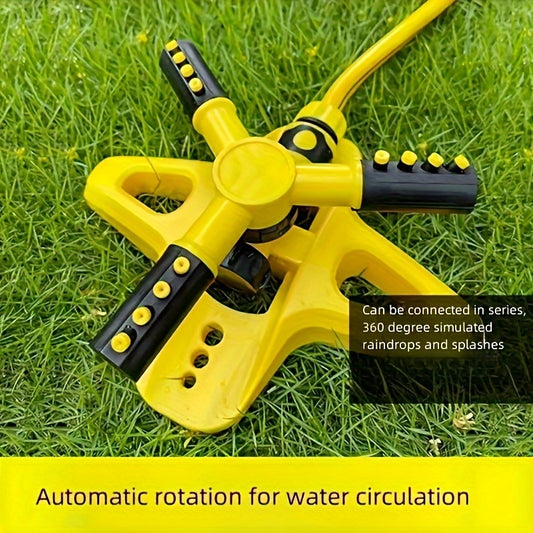 6-piece 360° rotating lawn sprinkler set with adjustable arm made of plastic for multi-angle rotation in garden irrigation system.