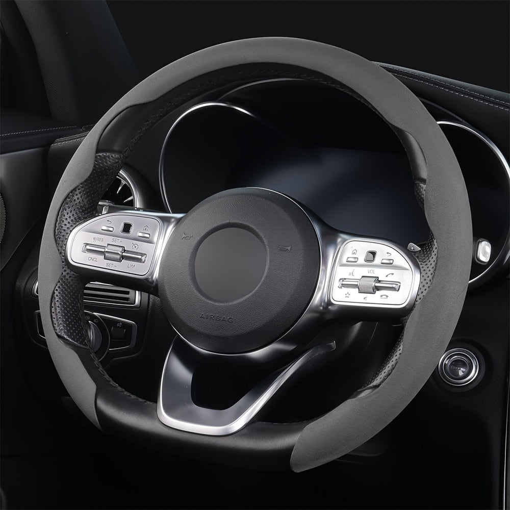 Non-slip, universal steering wheel cover with sweat-absorbing buckle for cars.