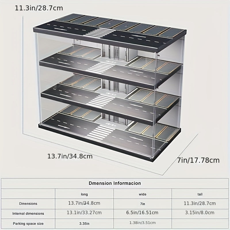 Black PVC 1:64 Scale Model Car Garage Display Case with manual operation and transparent dustproof cover. Features LED lighting, parking lot scene, and stereo model car storage. Perfect for