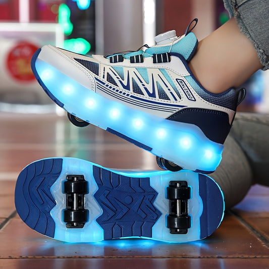 Children's LED light up skateboard shoes with 8-wheel removable rollerblades, USB rechargeable with 16 flash modes, rotary buckle for easy switch, non-slip, lightweight, breathable