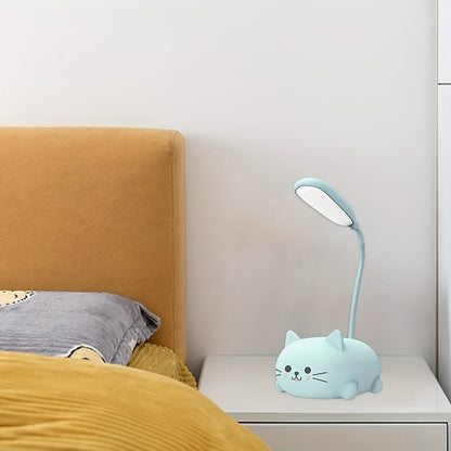 Adjustable Cartoon Cat LED Night Light in Pink/Green/Blue/White, USB Rechargeable with Flexible Neck for Easy Positioning. Eye-Caring Desk Lamp for Youngsters. Cute Smiling Cat Design.