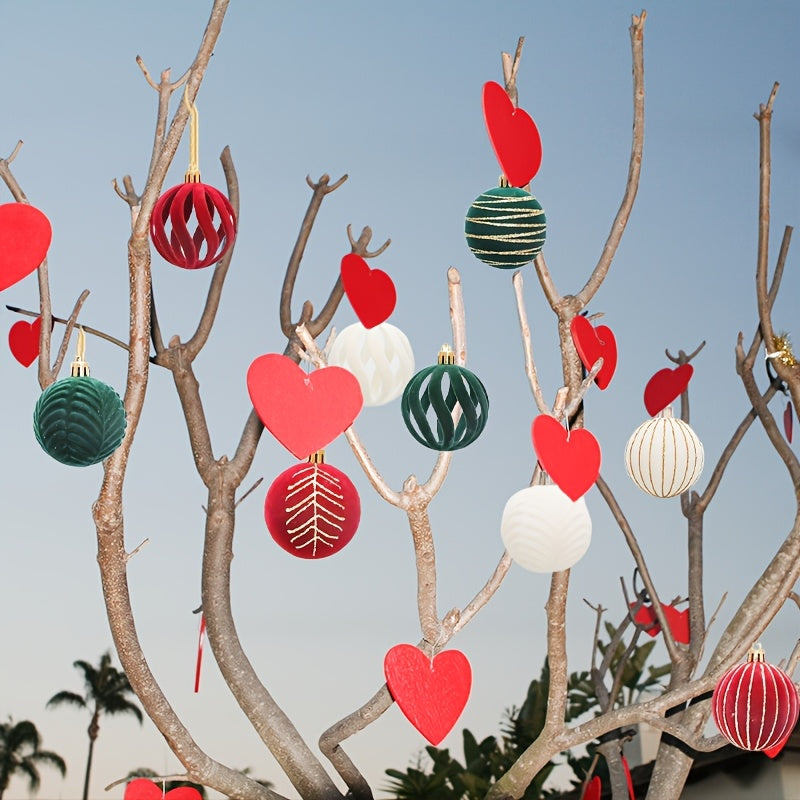 Valentine's Day plush ball ornaments in red, white, and green for decorations and parties.