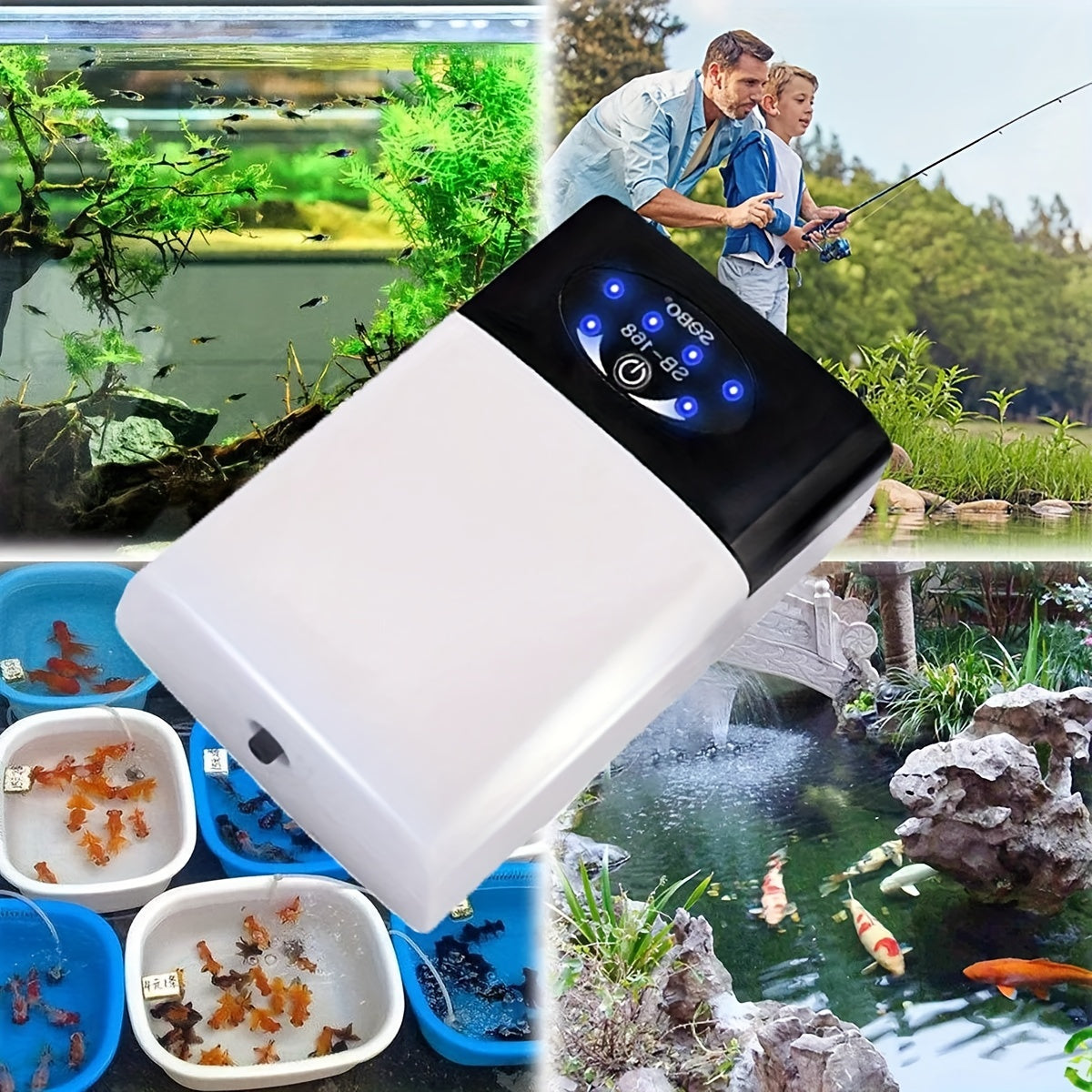 Rechargeable portable aquarium air pump with tube for fish tank breeding.