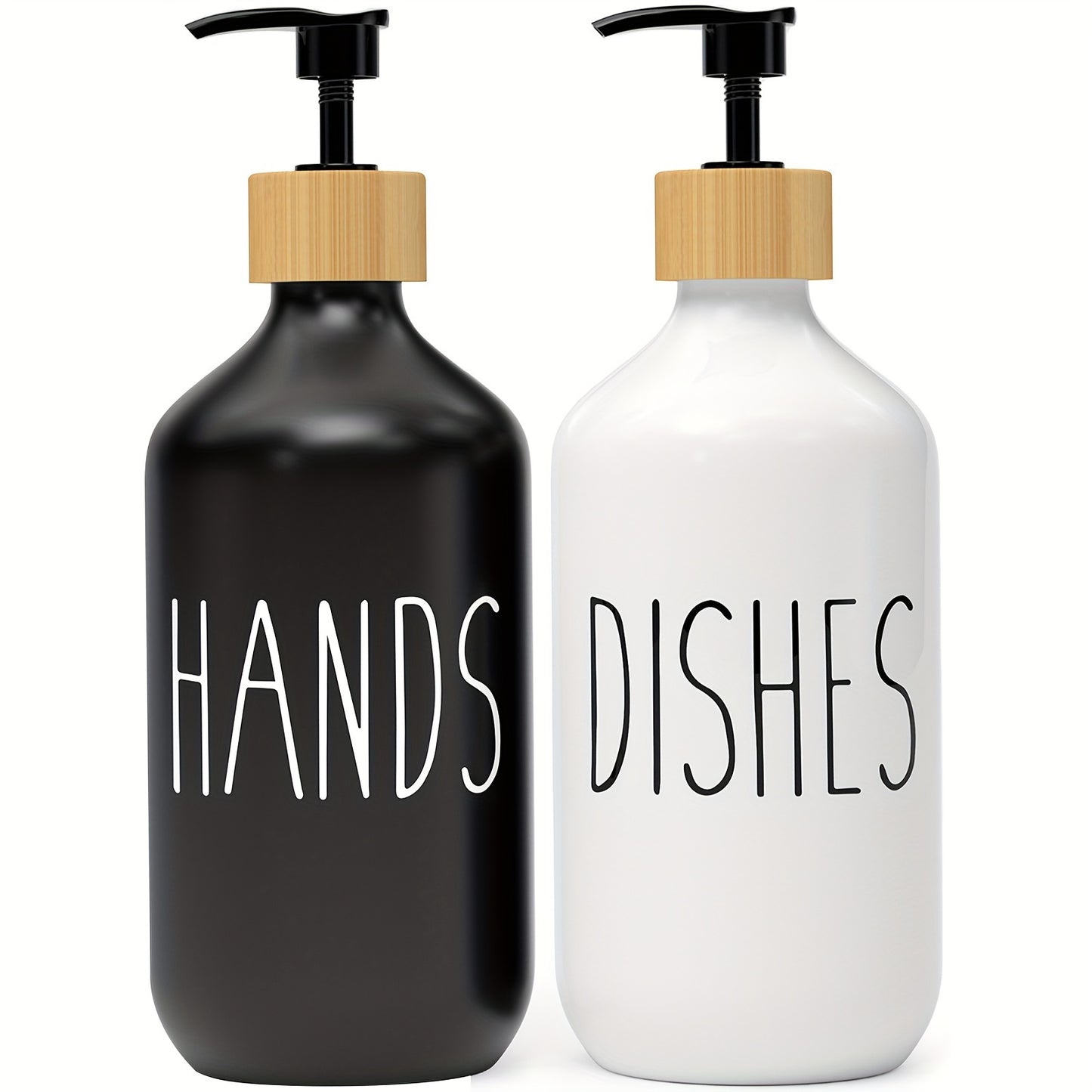 Set of 2 soap dispensers for hand and dish soap, with a countertop lotion bottle for bathroom use.