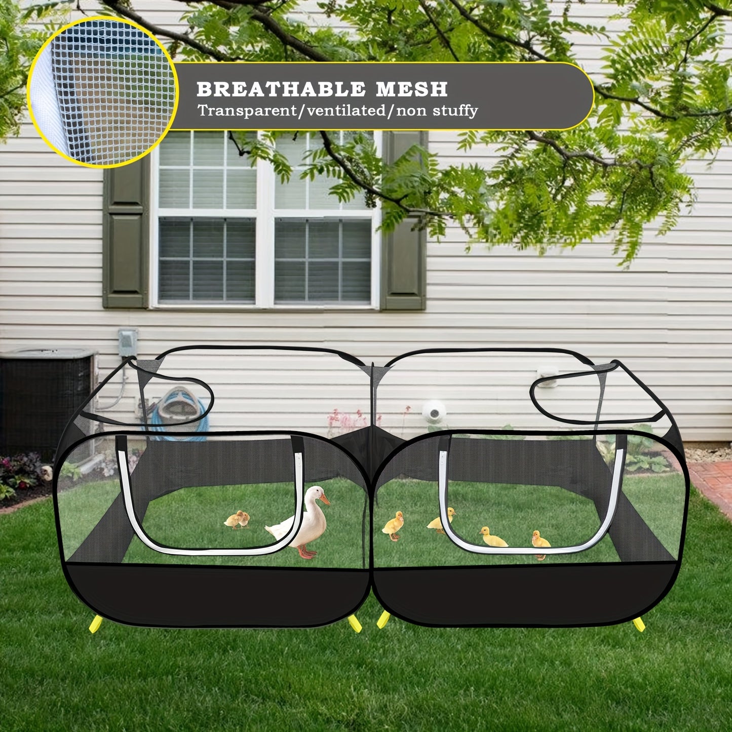 Foldable, breathable pet cage tent for large chickens with transparent mesh and sturdy zipper design.