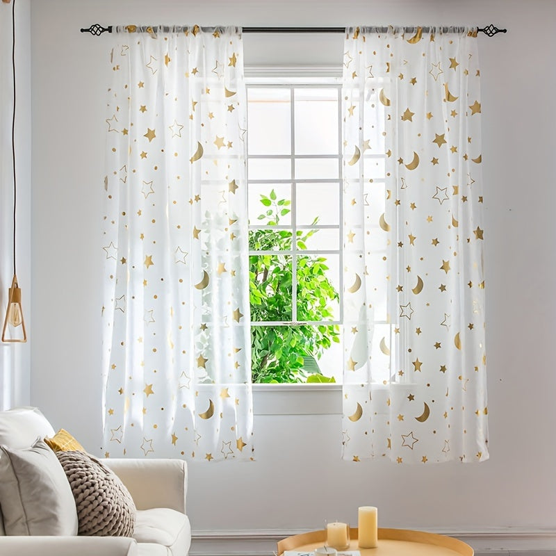 White tulle curtains with shiny silver and golden stars moon cartoon design, perfect for kids' room. Can also be used as modern and cute window treatment sheers for living room or bedroom. Features 1PC rod pocket top for easy hanging.