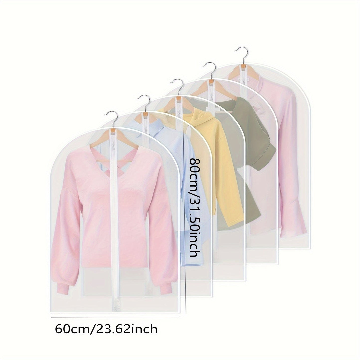 Five pieces of clothes dust cover bags with zippers, coat plastic hanging storage bags for household space-saving organization in the bedroom, bathroom, office, closet, wardrobe, home, or dorm.