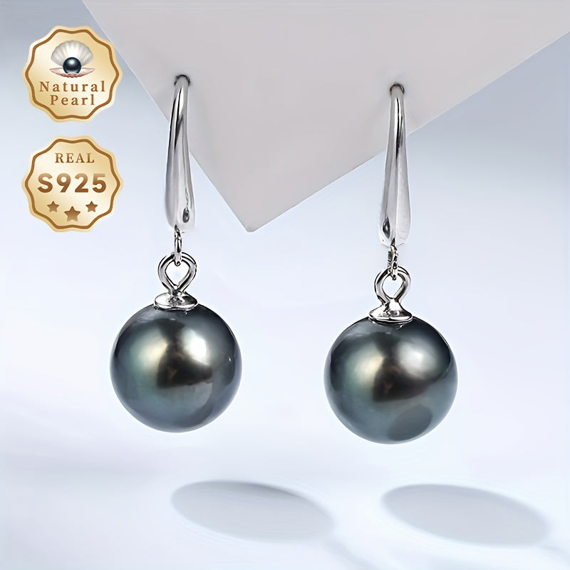 Perfect Gift Idea: Stunning Pair of Pearl Earrings, Stylish Dangling Earrings for Women, Featuring 9-10mm Large Round Tahitian Black Pearls Set in S925 Silver by Meiyu. Includes Gift Box. Please Note: Each Natural Pearl is Unique in Shape and Color, with