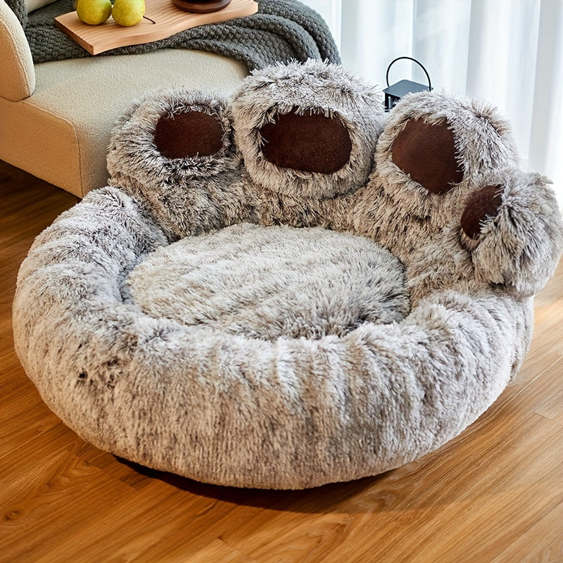 Soft paw-shaped pet bed for small to medium dogs and cats. Warm gray round sofa bed ideal for winter snuggling.