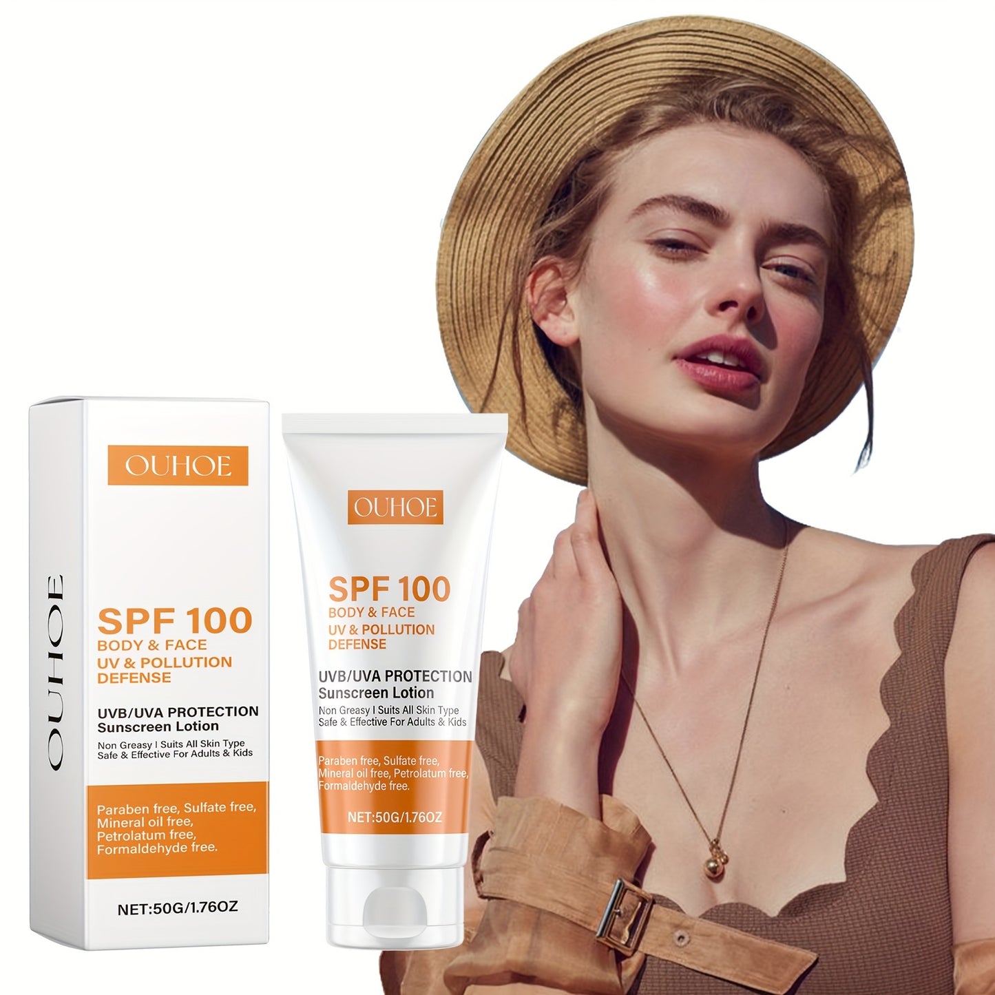 SPF 100 sunscreen lotion for body and face with hydrating hyaluronic acid and vitamin E. Water-resistant, non-greasy formula for UV and pollution defense. 50g/1.76oz.