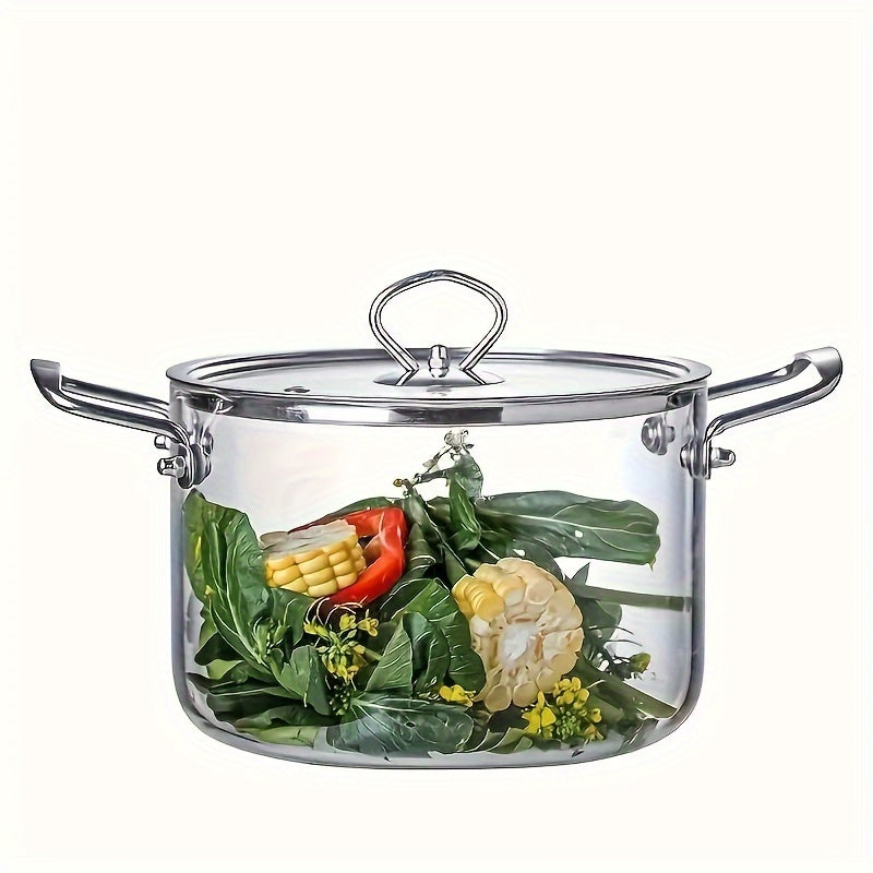 One piece of large-capacity high-boron-silicon glass soup pot with double ears and lid, featuring a stainless steel handle. Suitable for use on household electric ceramic stoves for heating and cooking various dishes such as noodles and stews.