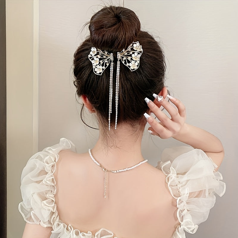 1pc Elegant Flower & Butterfly Tassels Hair Clip, Ideal for Party Holiday Hair Styling, Perfect Gift for Girls