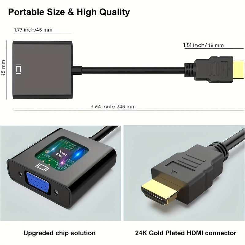 Golden-plated HDMI to VGA adapter for various devices such as computers, laptops, monitors, projectors, HDTVs, and gaming consoles.