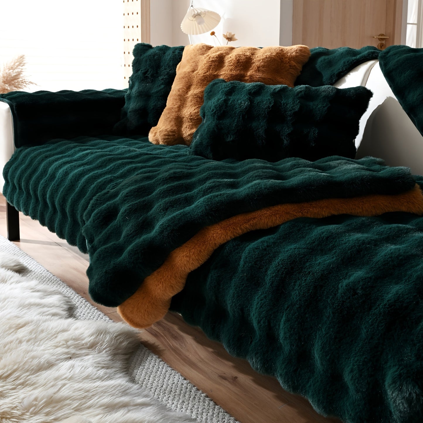 New Bubble Fleece Sofa Cover available in 8 colors with modern design, pet-friendly, and machine washable. Suitable for 2, 3, 4, and combination sofas, with 450-500g fabric weight and long pile fleece. No print, with other craftsmanship included.