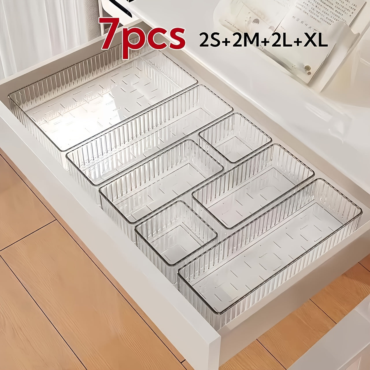 Acrylic cosmetic storage box with transparent drawers for organizing makeup and skincare products on dressing table. Durable plastic material with multi-functional features.