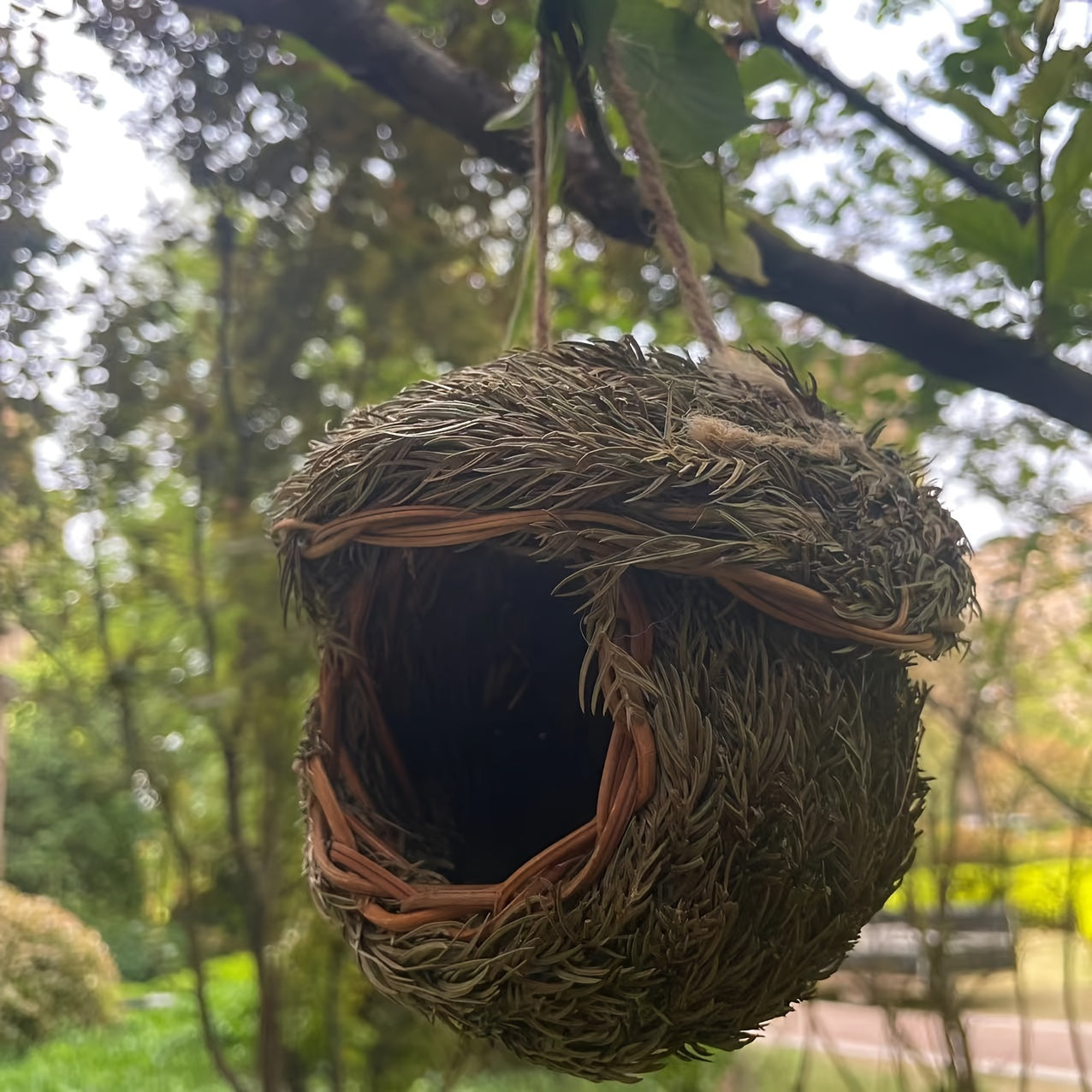 Handmade grass bird nest for small pets, woven with pine needles. Warm and coldproof, ideal hideout in pastoral yard. Aerial charm round bird house.