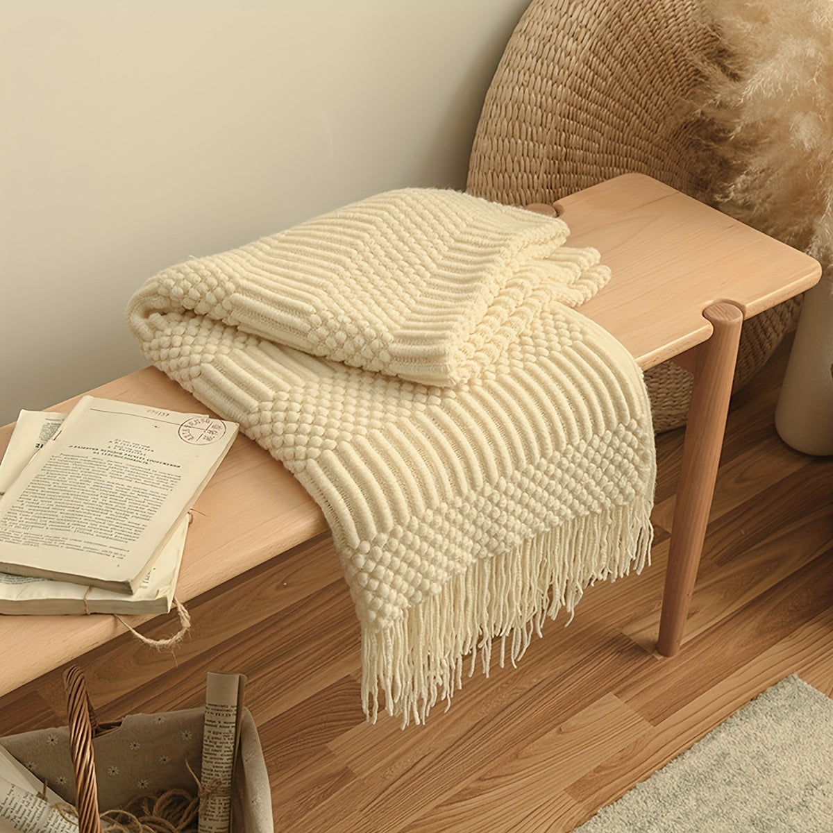 Soft and warm throw blanket for all seasons, perfect for the sofa, bed, car, or as a bed tail blanket. Features knitted tassels and multifunctional design.