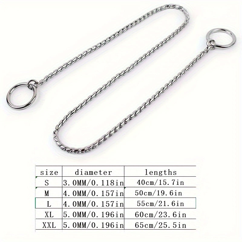 Durable stainless steel choke chain collar for dogs, ideal for training and walking. Hand-wash only.