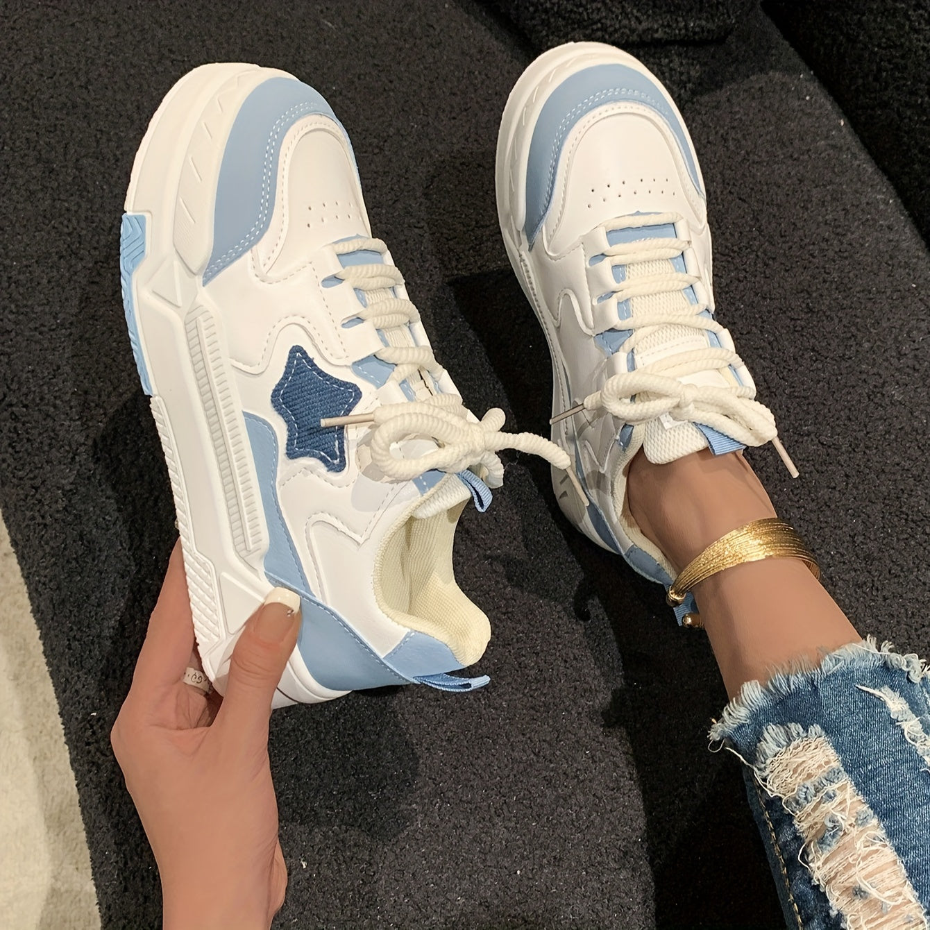 Soft sole sneakers for women featuring star patchwork colorblock design, lace-up low-top style, and breathable construction - perfect for casual and sporty looks.