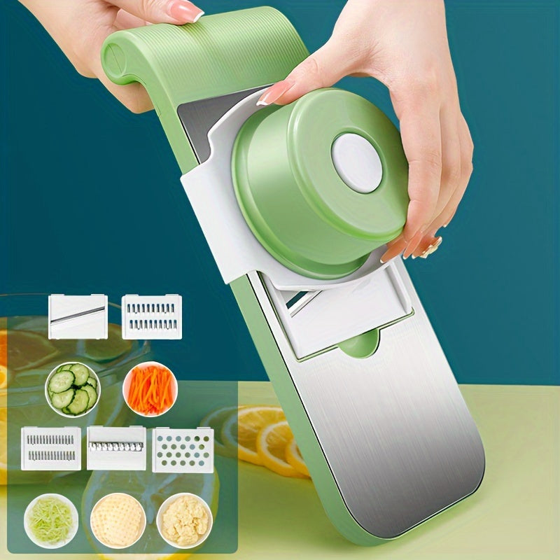 Stainless Steel Manual Vegetable Slicer with 5 Blades - Ideal for Cutting Garlic, Cabbage, Carrots, Potatoes, and Fruits - Great for Salad Preparation and Kitchen Cooking (Green) - Also Works as a Tomato Slicer