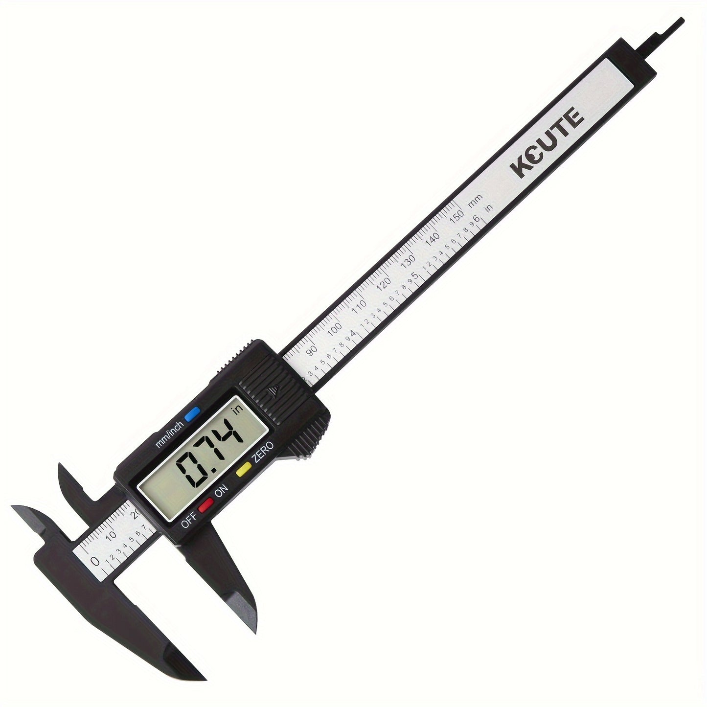 Digital caliper with LCD screen, auto-off feature, inch and millimeter conversion.