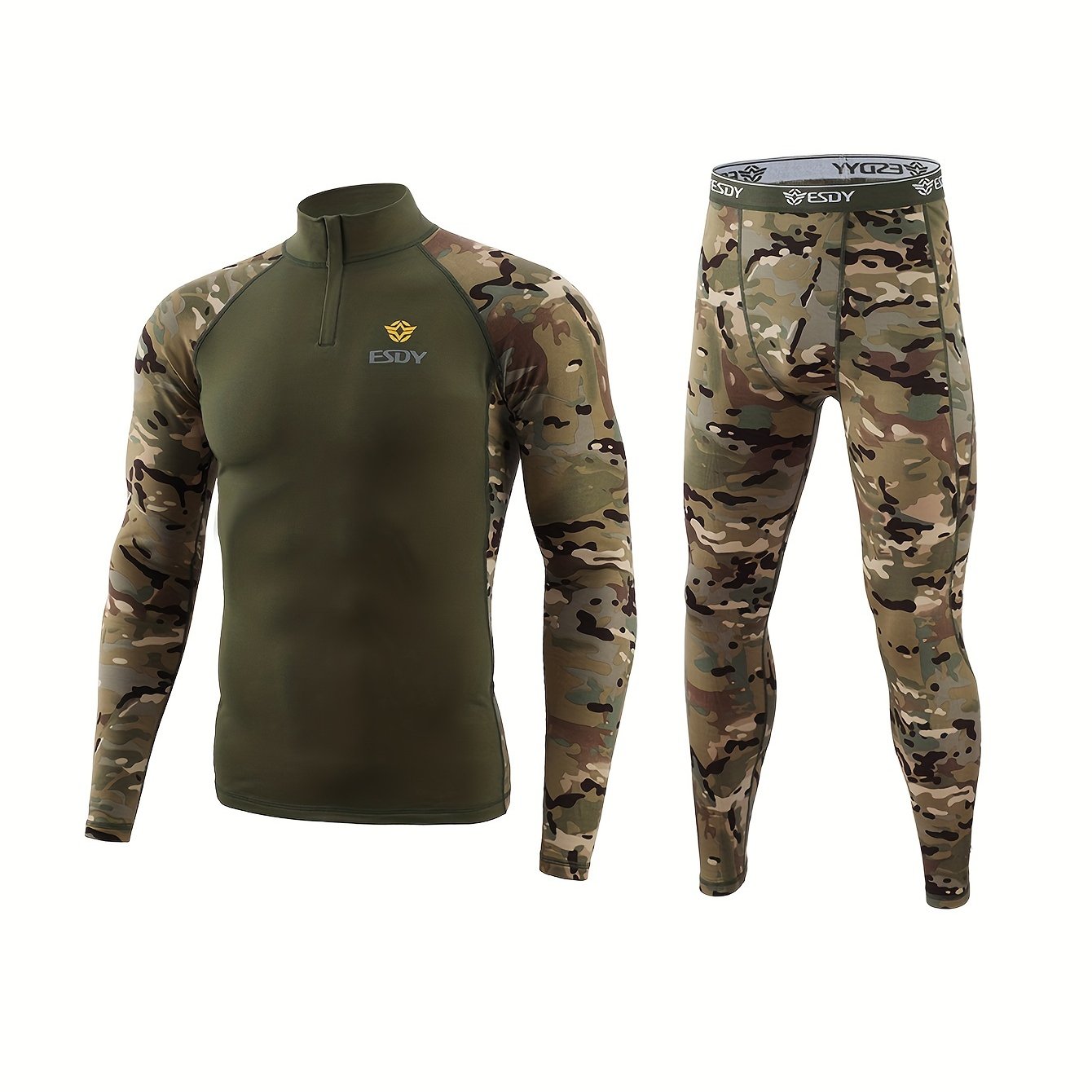 ESDY Men's Combat Shirt and Camo Leggings Set made of high-stretch knit fabric with zipper detail. Slim fit, long sleeve, made of 90% polyester and 10% spandex. Ideal for hiking and outdoor