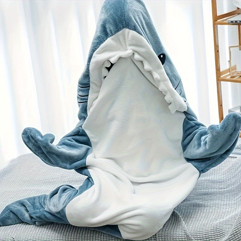 Gift for adults - Blue shark pattern hoodie blanket with a cute and interesting cartoon animal design. Made from cozy flannel, this wearable blanket is perfect for lounging on the sofa, bed, or even camping in the car.