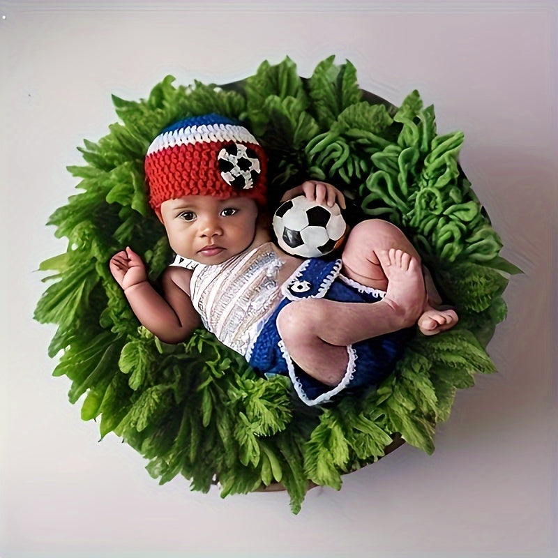 Charming 3-piece Football Photography Ensemble for Kids - Includes Hand-Knitted Hat, Shorts & Ball Set for Their First Game - Ideal Keepsake